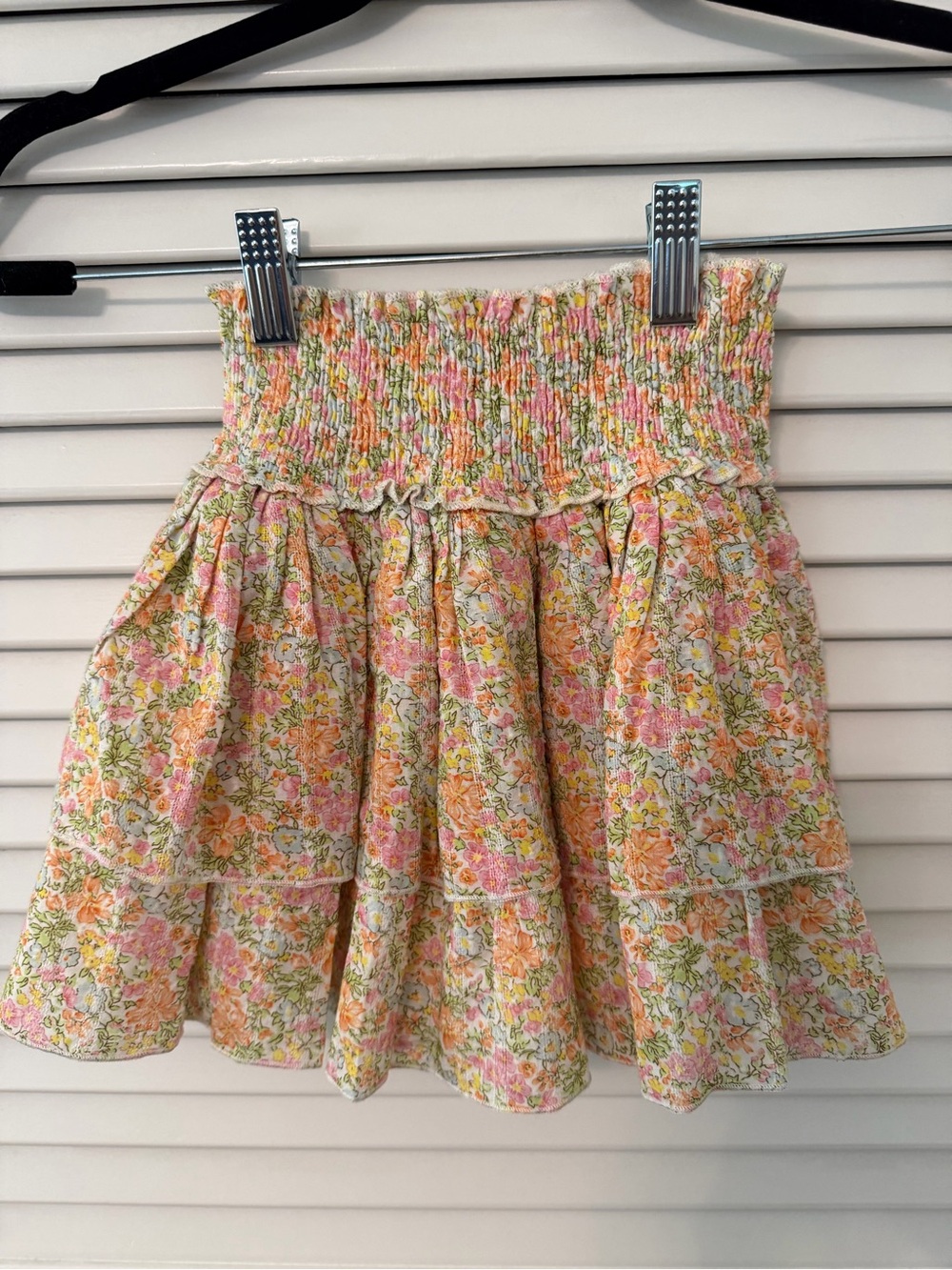 Girls Floral Smocked Ruffle Skirt in Pink, Yellow & Green